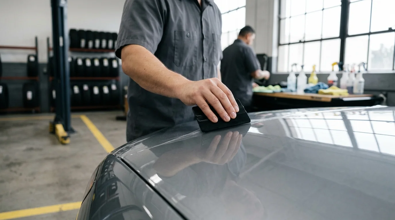 Clear paint protection film being inspected on an unbranded car hood in a San Diego workshop