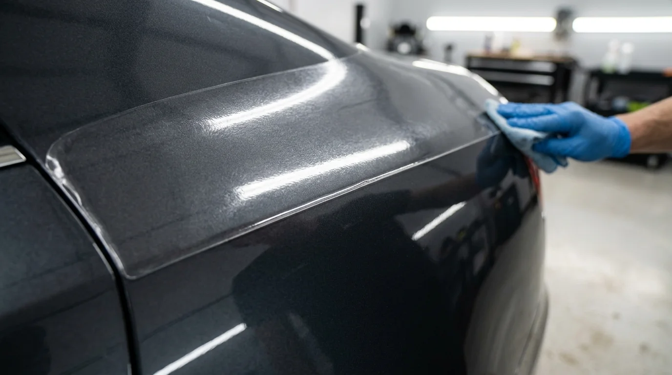 Clear paint protection film on an unbranded car panel under inspection light