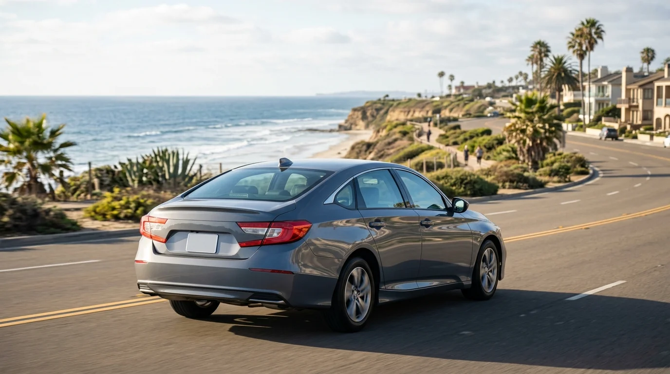 Clean coated unbranded car on a Carlsbad street in coastal north county light