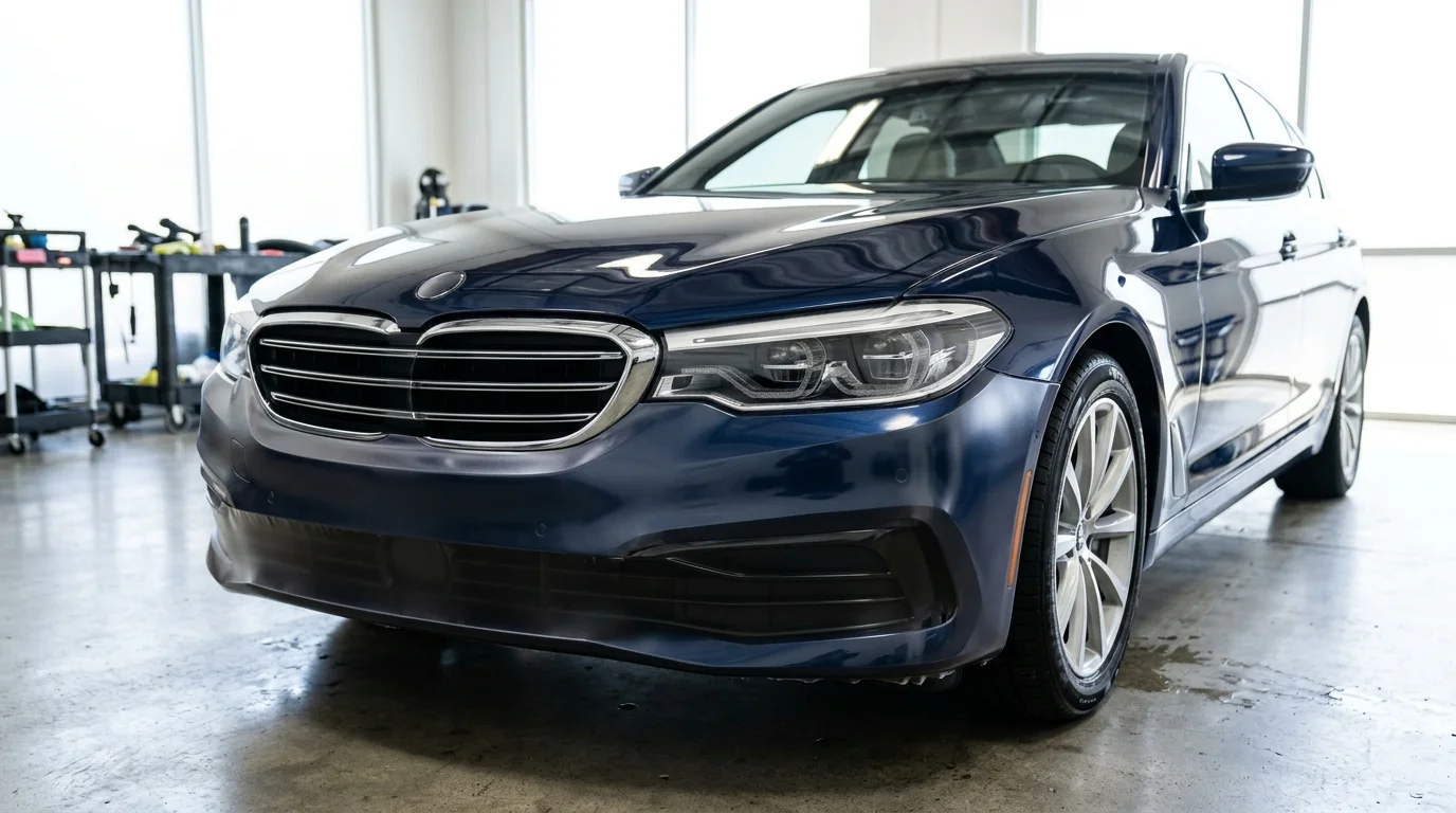 Clean unbranded car front with clear film on the bumper and glossy coated paint