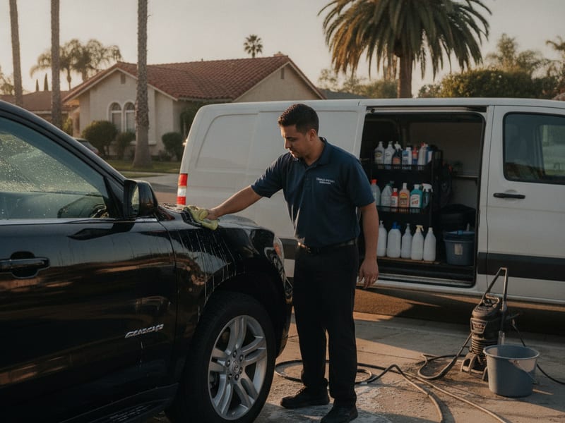 Mobile detailing technician cleaning an SUV in a San Diego residential driveway next to a detailing van