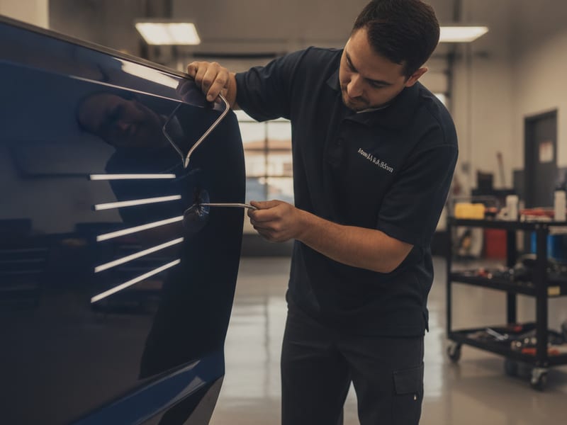 Technician using a paintless dent repair rod behind a vehicle door panel under LED line lighting in San Diego County