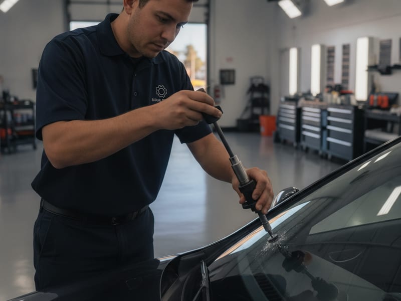 Technician using a resin injector tool to repair a small rock chip on a windshield in San Diego County